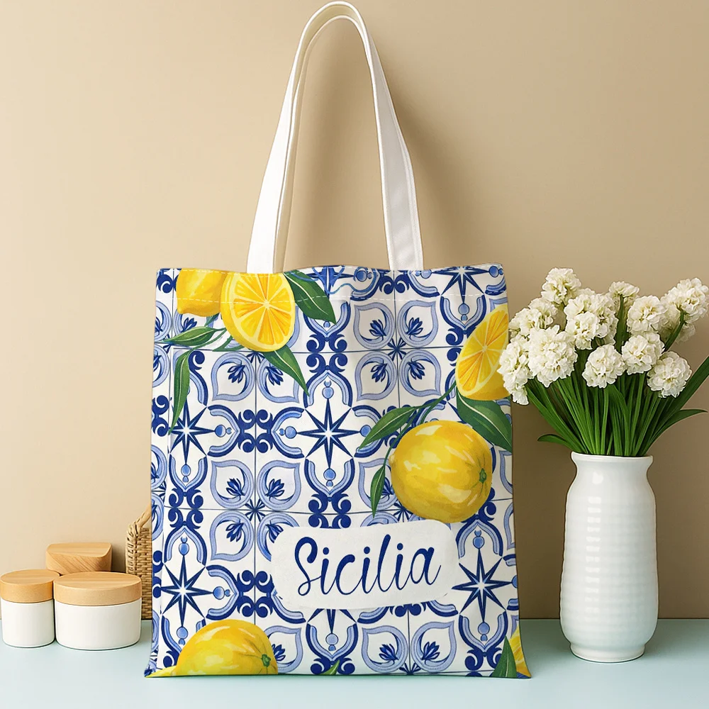 Mediterranean Tile Pattern Tote Bag Lemon Sicilia Reusable Shopping Bag for Women S Style Daily Use Unique Handbag