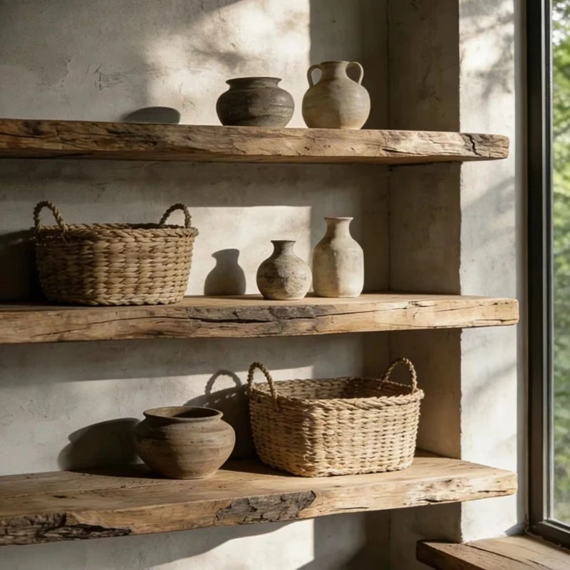 Solid wood heavy-duty floating ledges | 3cm thick log edge-mounted display storage racks for kitchens and living rooms