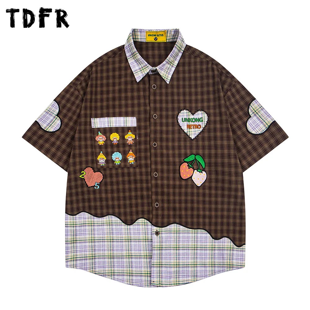 

Patchwork Plaid Short Sleeve Shirts Mens Cartoon Embroidery Summer Retro Single Breasted Lapel Half-Sleeve Shirts Man