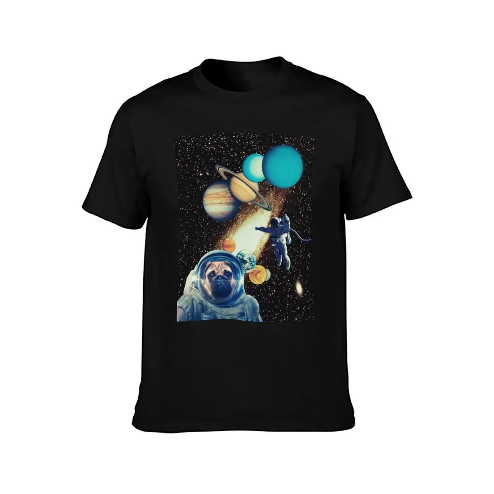 Space pug // dog in space retro futurism collage artwork T-Shirt, Summer Casual Cotton Tee, Oversized Streetwear Tops