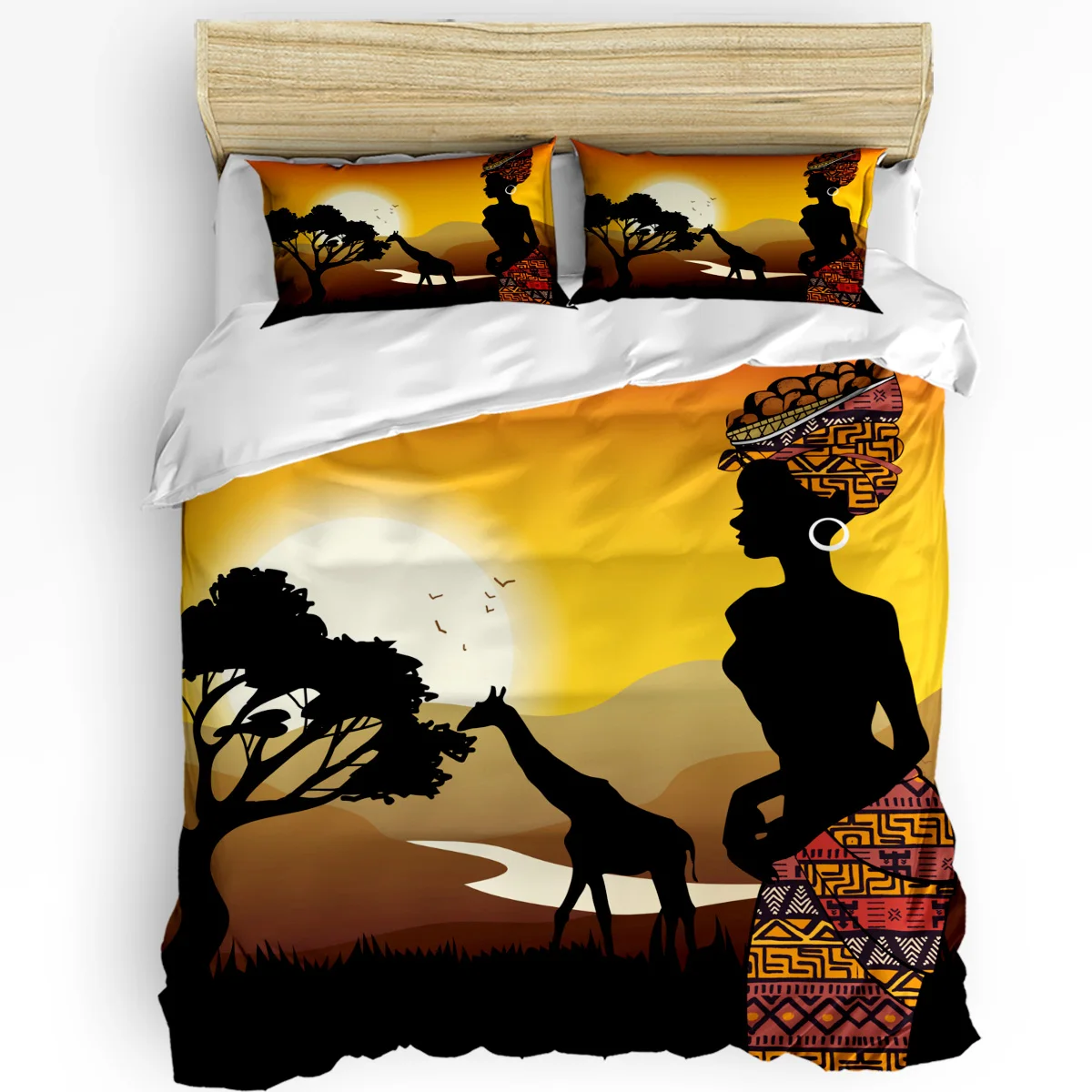 African Woman Giraffe Silhouettes 3pcs Duvet Cover Set Pillow Case Bedroom Single Double Bed Comforter Bedding Set Quilt Cover