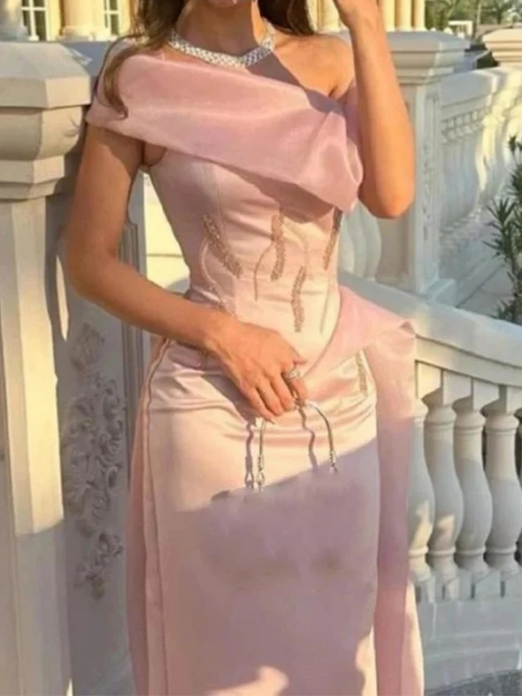 

Pink Evening Dress Off the Shoulder Satin Beaded Floor Length Women Customized Short Sleeves birthday party prom gowns