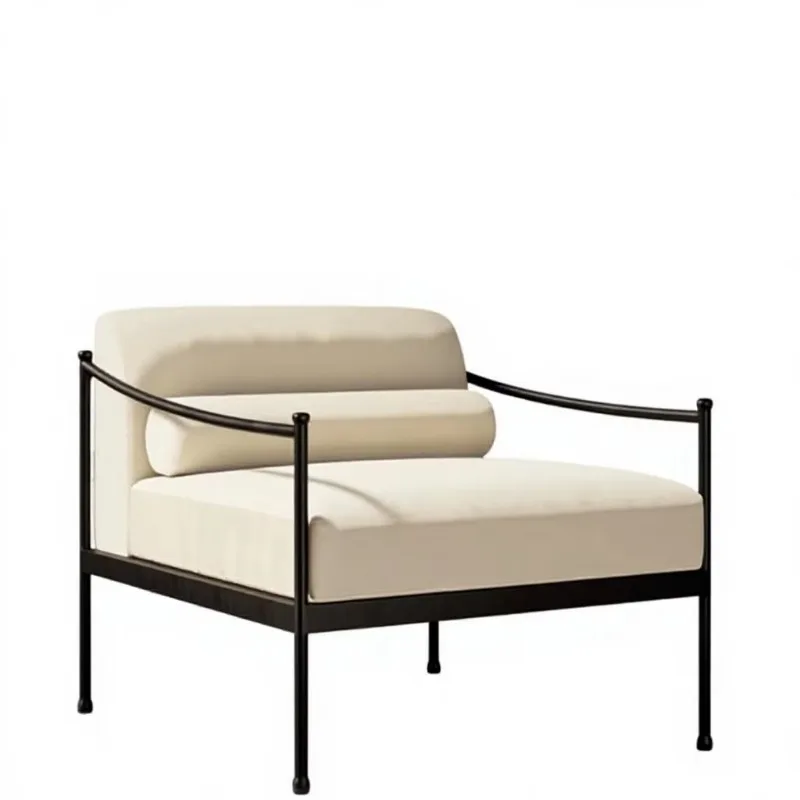 Retro outdoor sofa with stainless steel frame and low linen cushions, full-color printed garden chair