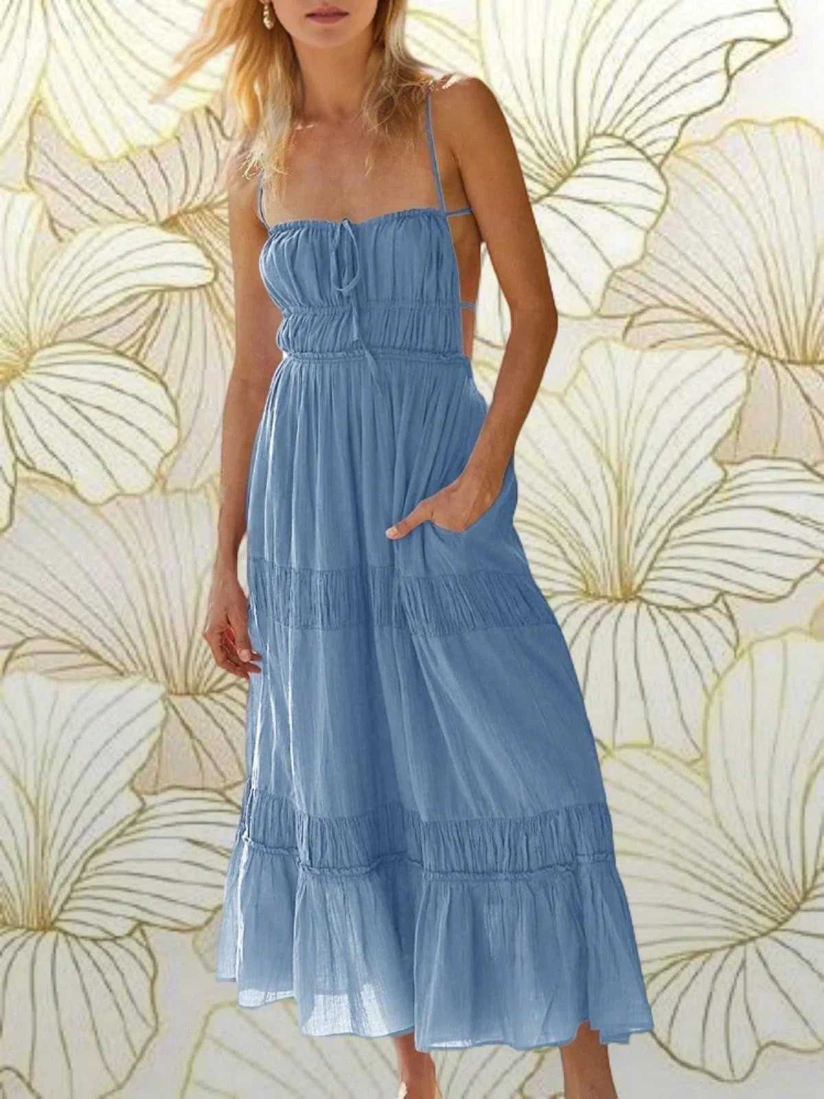 

Женское летнее макси-платье с коротким рукавом, V-образным вырезом, завышенной талией, многоярусное, струящееся, А-силуэта, в стиле бохо, пляжное платье