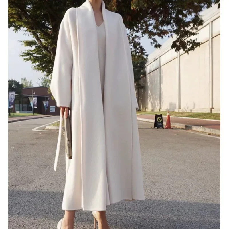 

Elegant Women Woolen Coat Korea Chic Long Sleeve Loose White Wool Overgarment Coat 2023 Autumn Winter Kaschmir Mantel