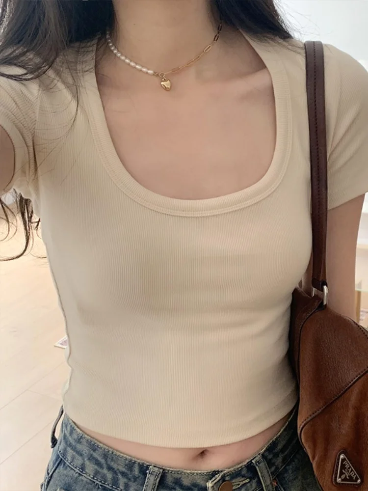 New Summer Solid Color Crop Tops Fashion Slim Women's Cotton Tops Threaded T-shirt for Women U-neck Short Sleeve T-shirt