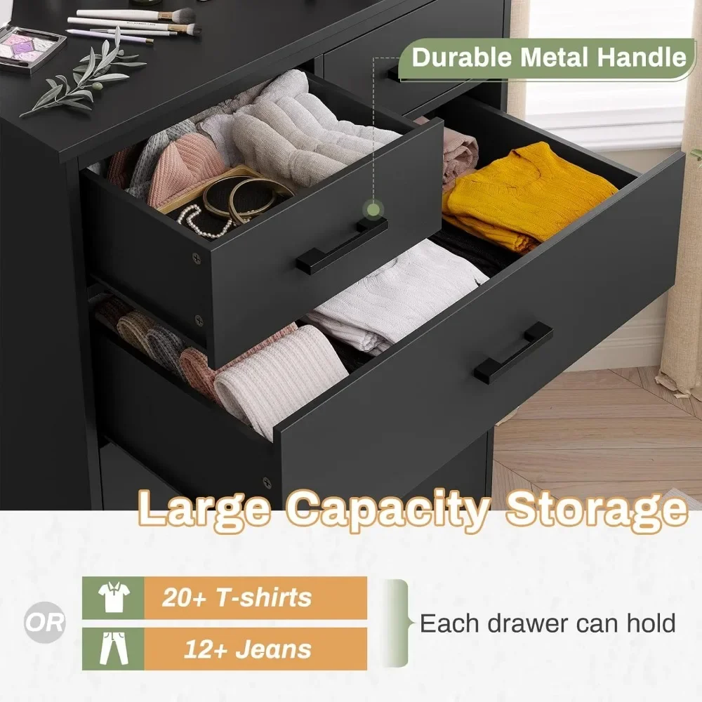 Zwarte Dressoir Voor Slaapkamer, Hoge 7 Lades Dressoir Met Stevige Basis, Houten Opbergtoren Kleding Organizer, Grote Opbergkast