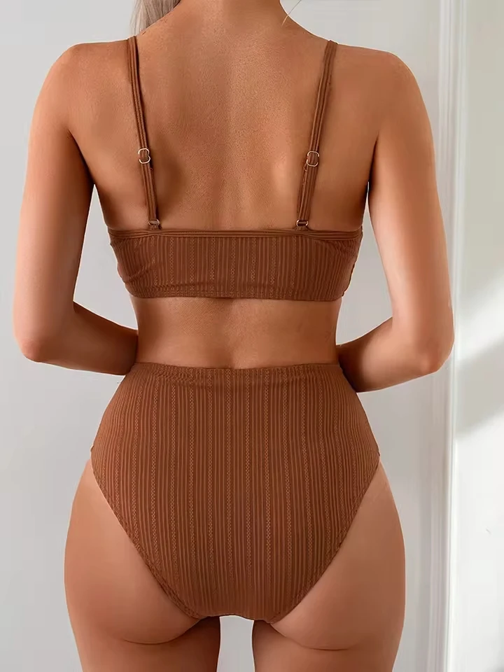 

VZVN Women Fashion Sexy Solid V Neck Bikini 2 Piece Set Split Swimsuit Beach Bikinis 2025 New Summer Swimwear Bikinis Set