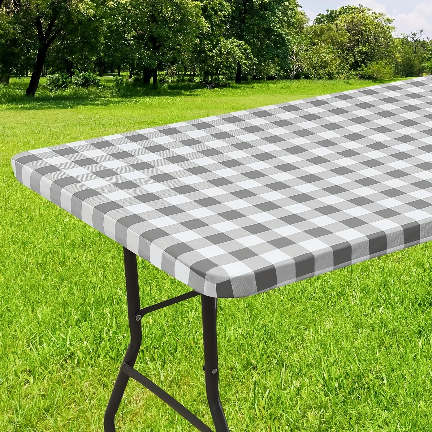 Waterproof Vinyl Tablecloth with Flannel Backing - Stylish Buffalo Check, Elastic & Non-Slip - Ideal for Dining, Camping