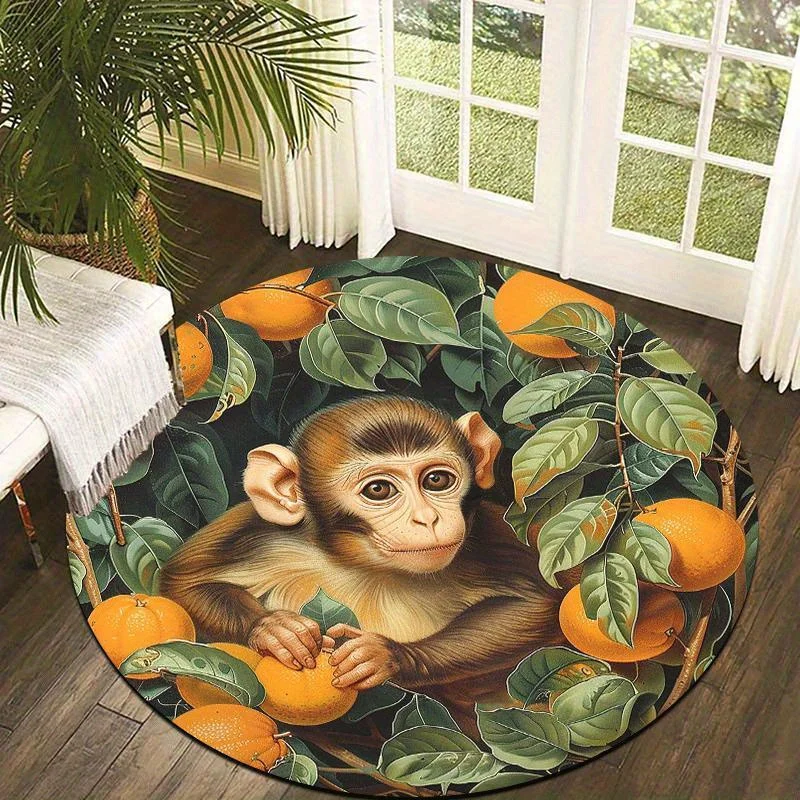 Cute monkey holding an orange Flannel-printed round floor mats are slip-resistant Suitable living room terrace garden carpets