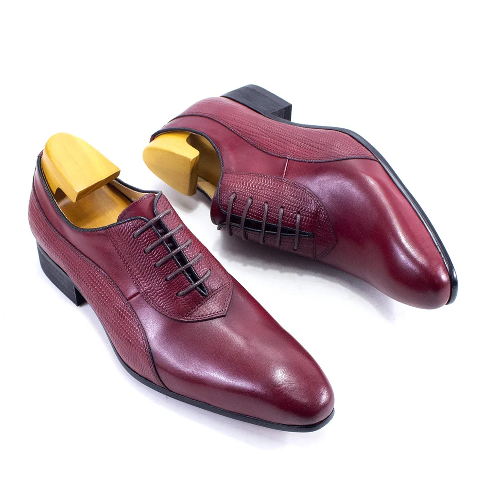 Luxury Men Shoe Genuine Leather Lace Up Fashion Oxford Pointed Toe Office Dress Wedding Black Red  Formal Business Men\'s Shoes