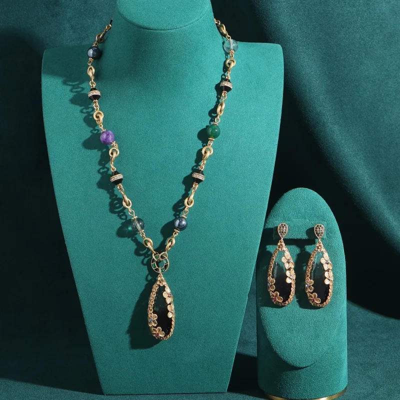 

Vintage Crystal Brown Jewelry Sets Colorful Zircon Relief Flower Antique Gold Plated Pendent Necklace Drop Earrings Gift Wedding