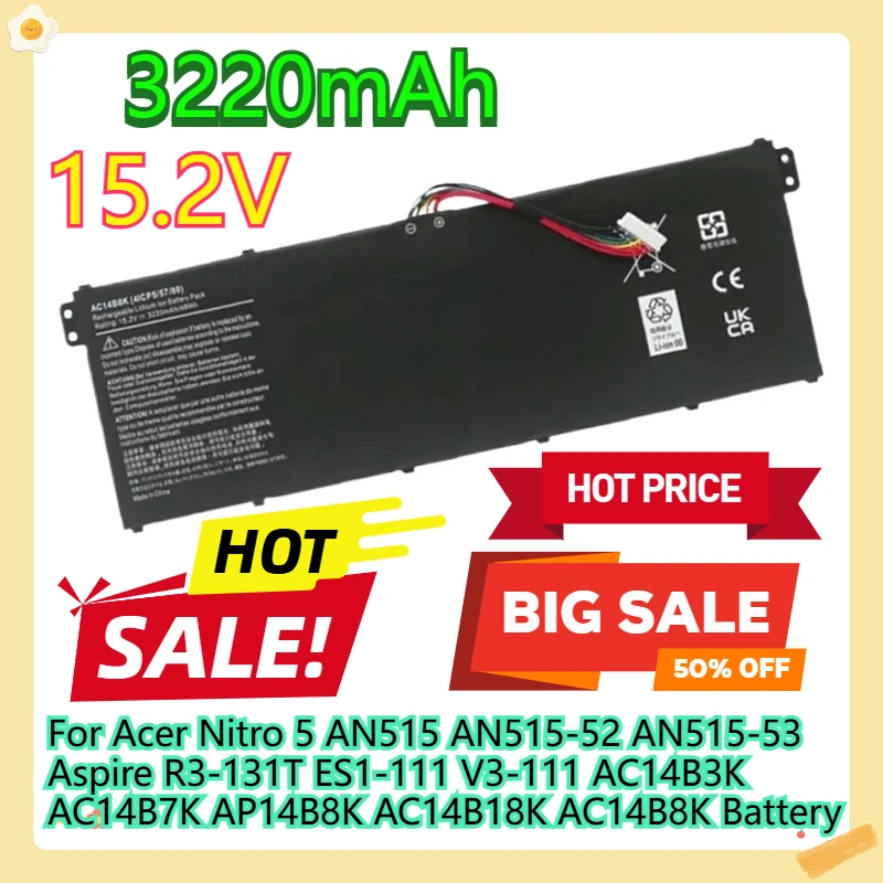 

For Acer Nitro 5 AN515 AN515-52 AN515-53 Aspire R3-131T ES1-111 V3-111 AC14B3K AC14B7K AP14B8K AC14B18K AC14B8K Battery