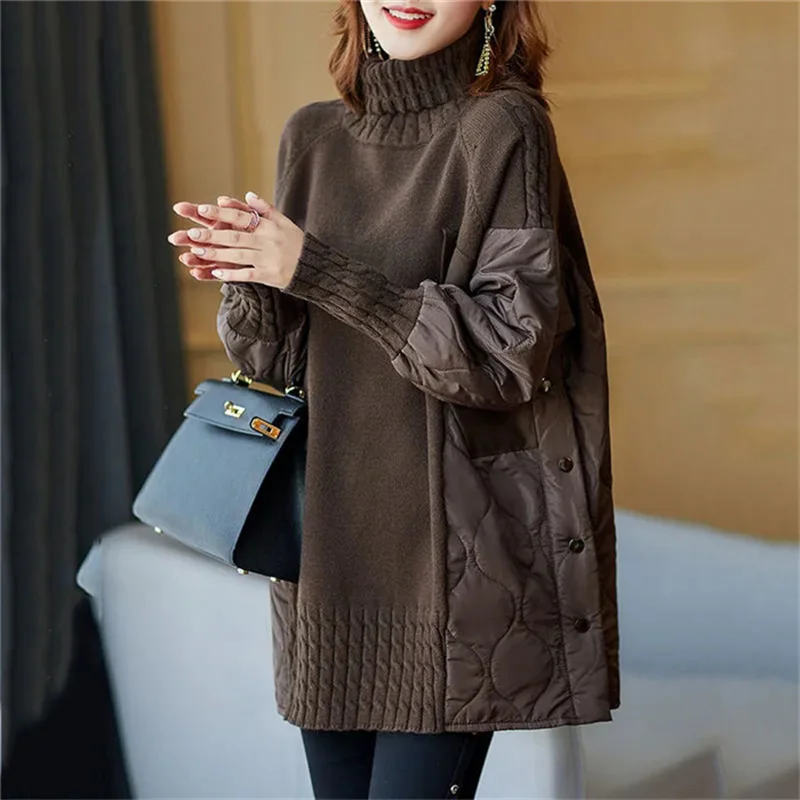 

Fashion Turtleneck Cotton-padded Jacket 2026 New Autumn Winter Splicing Knitted Sweater Coat Pullover Female Sweater