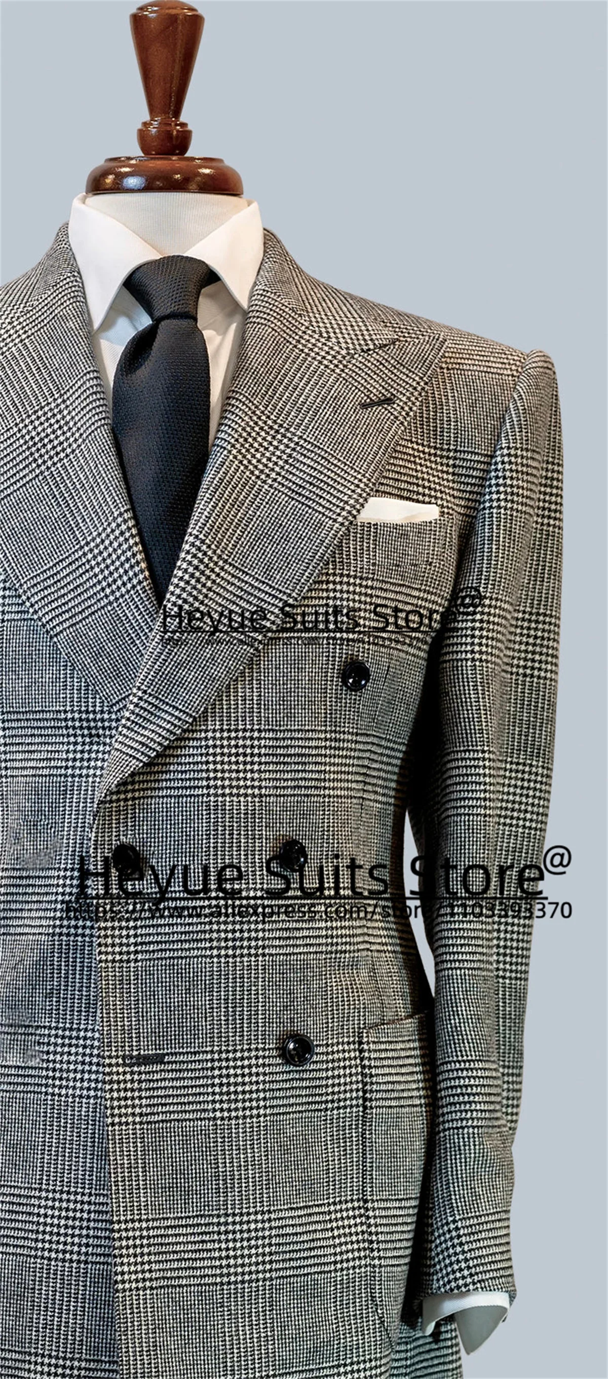 Classic Gray Houndstooth Men Suits Slim Fit Custome Groom Double-breasted Tuxedos 2 Pcs Sets Business Male Blazer Costume Homme