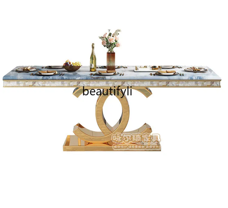 

Light Luxury Bright Stone Plate Dining Table and Chair Post-Modern Simple Stainless Steel Rectangular Marble Dining-Table