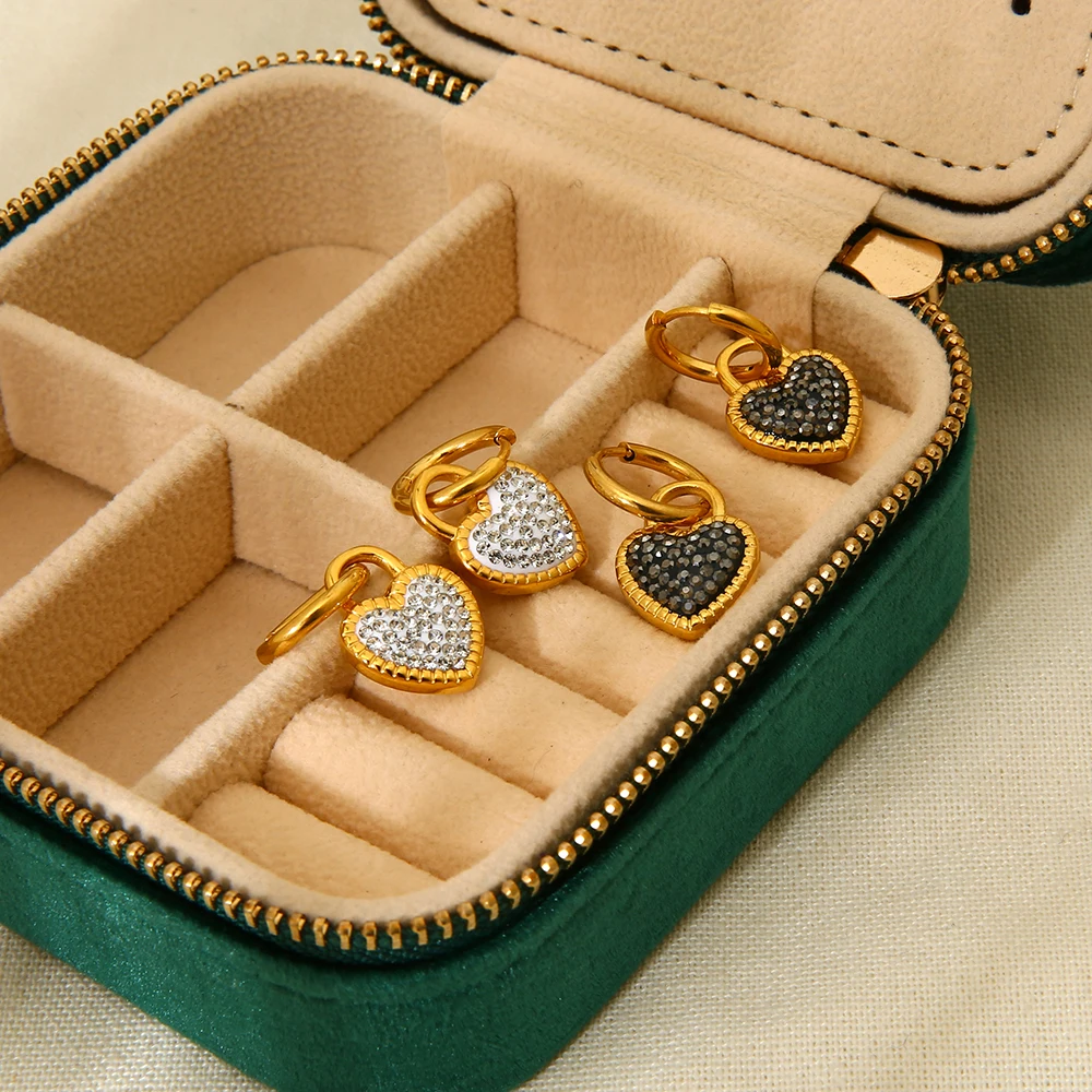 Stylish Stainless Steel 18k Gold Plated Glass Stone Paved Heart Dangle Hoop Earrings for Women Jewelry Party Gift