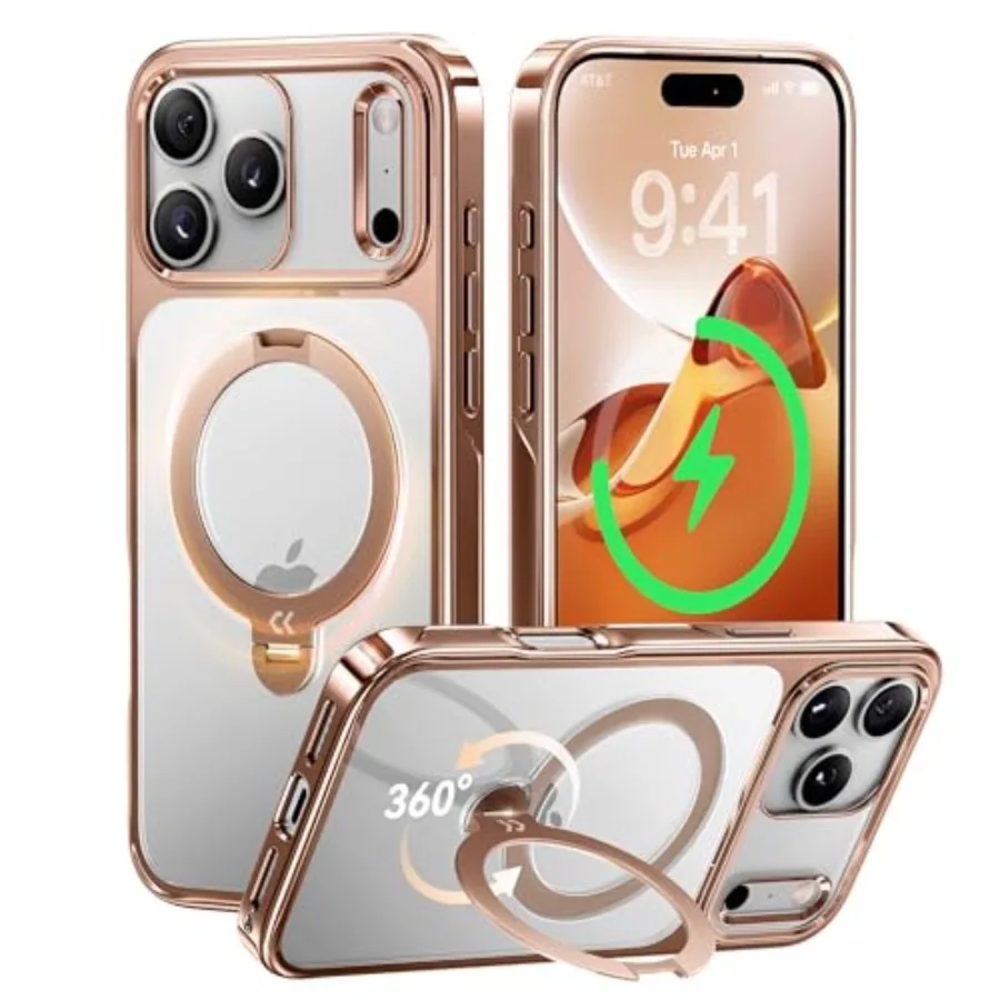 

Глянцевый чехол-подставка с магнитной подставкой на 360 градусов розового золота для iPhone 17 Pro, совместимый с MagSafe и военной защитой 17 футов
