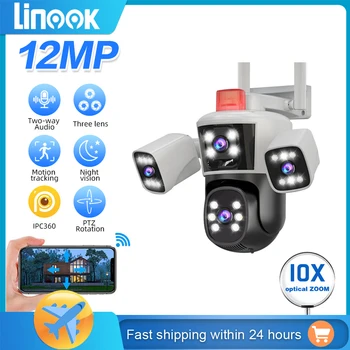 Linook, 3 lenzen, 12MP, 6K, waterdicht, CCTV buiten WIFI-telefoon, IP-beveiligingscamera, WIFI-netwerkcamera, PTZ 360 intelligente camera