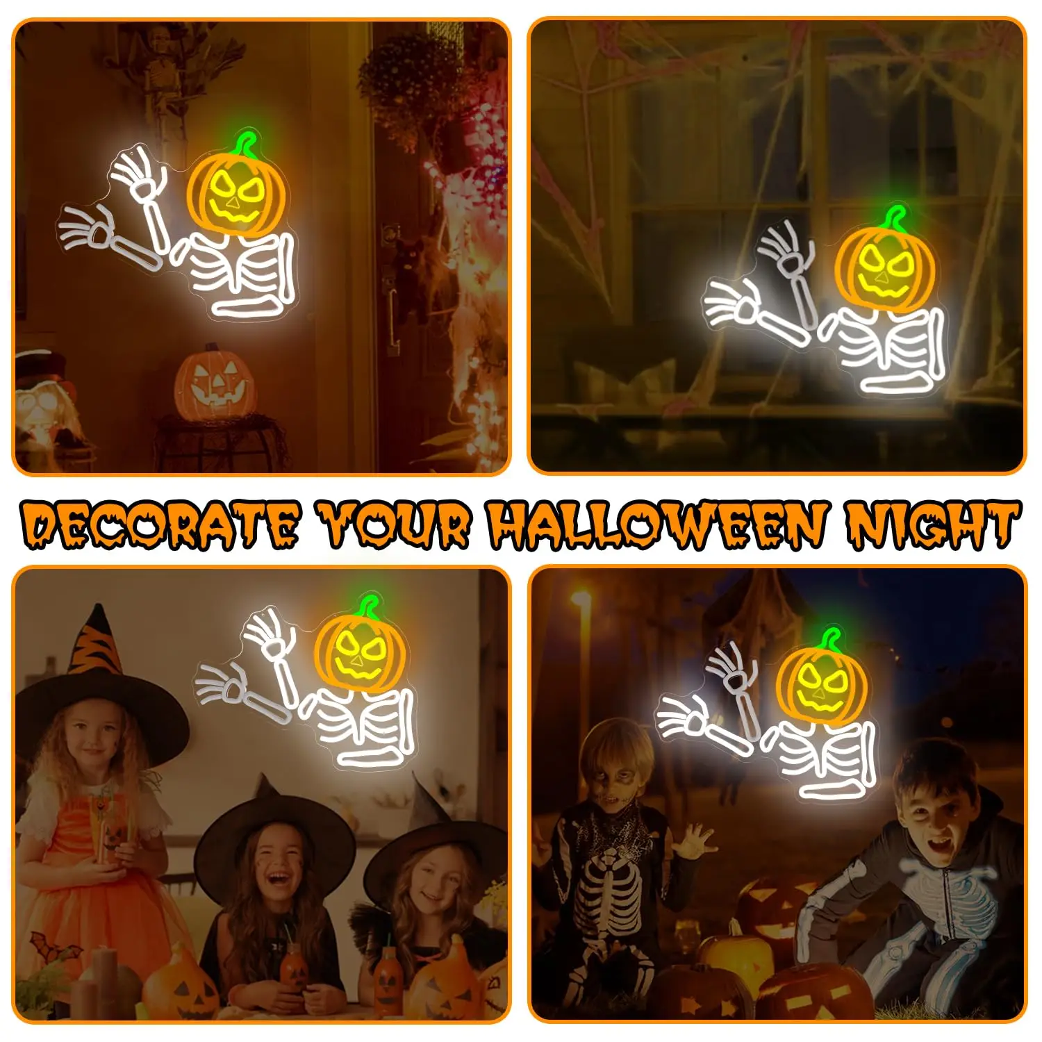 Waving Skeleton Pumpkin Neon Sign Dimmable Skeleton Flashing Neon Sign Wall Decor for Halloween Window Party Game Room