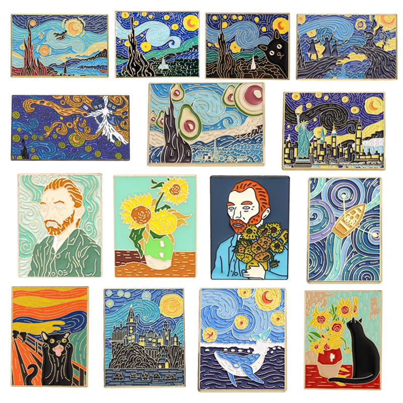 Van Gogh's Oil Painting Collection Enamel Pins Artistic Starry Sky Figure Painting Brooches Backpack Clothes Decor Lapel Badge