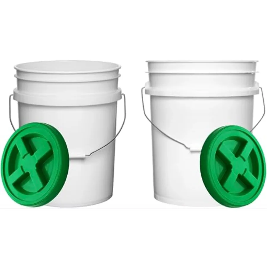 

Food Grade 5 Gallon Made in USA Plastic Bucket with Air Tight Screw on Lid White Buckets with Green Lids