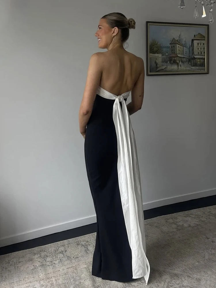 InGrily Abito da festa di compleanno Donna Nero Bianco Patchwork Avvolgente sul petto Fasciatura Extra-lunga Nappa Elegante Backless Fit Abiti di tendenza