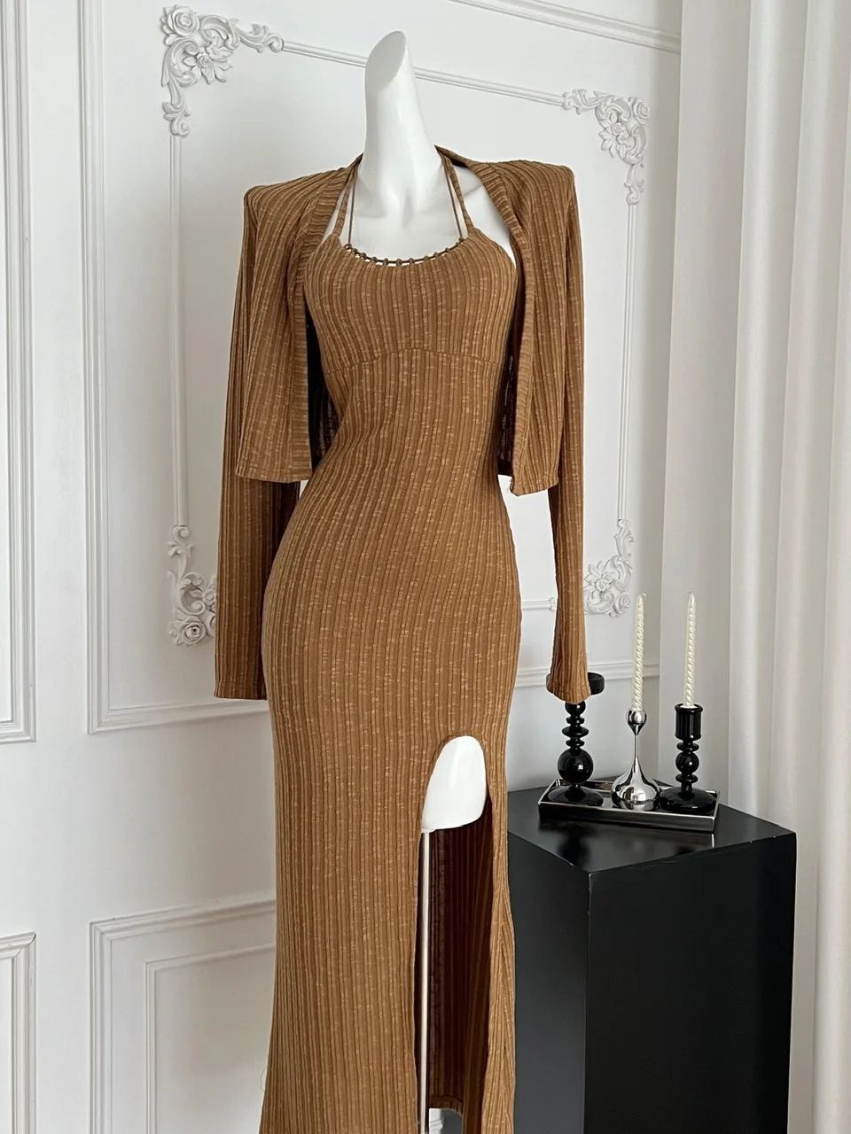 Chique Vroege Herfst Dames Faion Set Lange Sve Gebreid Open Vest Taille-Knijpen Band Dr Pittig Meisje Sle volwassen Grootte