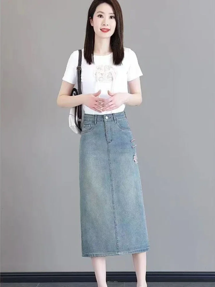 

Women's Denim Skirt with Slit High Waist Female Jeans Skirts Aesthetic Streetwear Premium Korean Style Harajuku A Line Vintage
