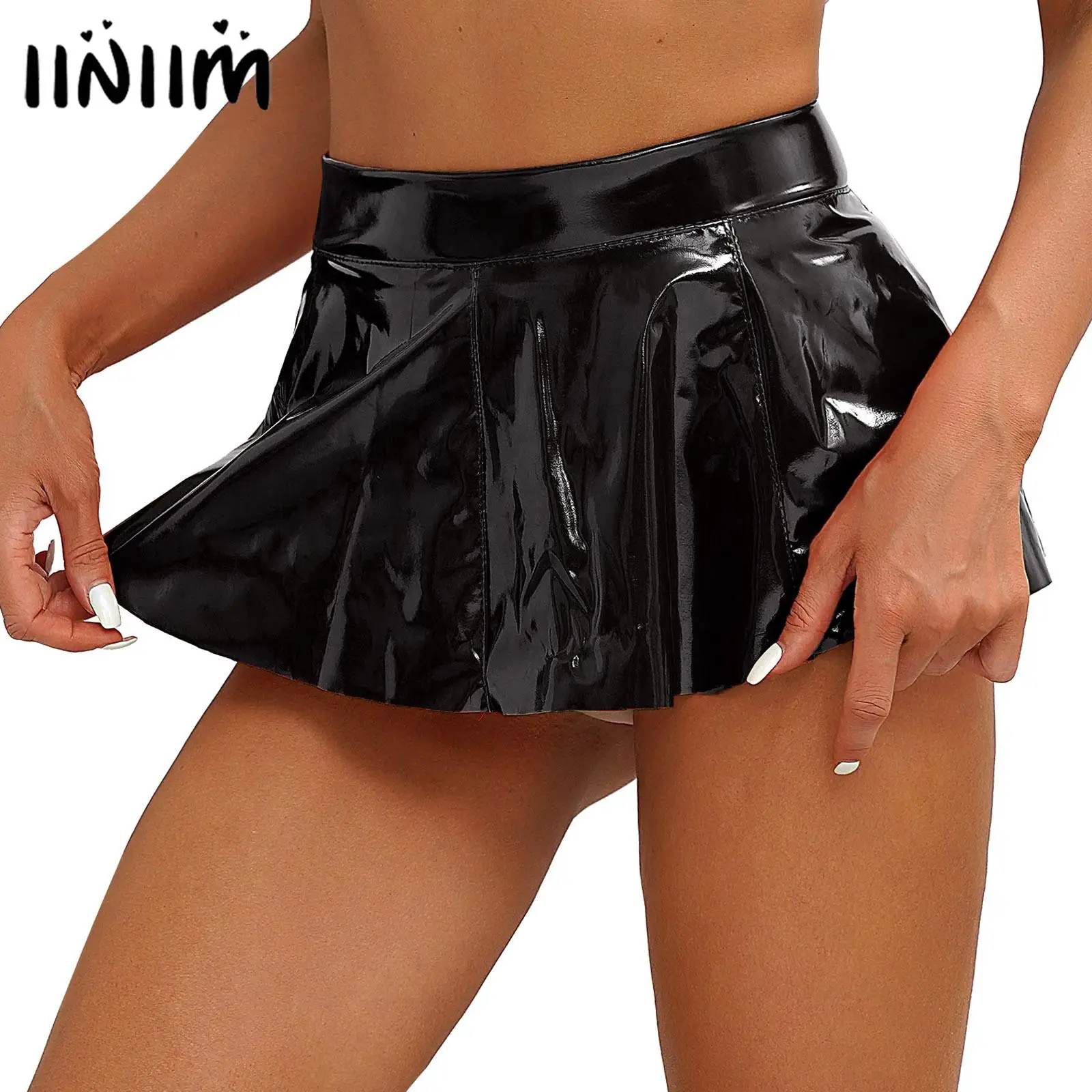 Flared Ruffled Bottom Patent Leather Mini Skirt Womens Rave Party Cosplay Clubwear Zipper A-Line Flared Skirts Festival Outfit