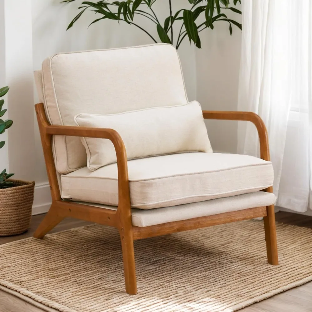 

Mid-Century Modern Chair with Pillow Upholstered Lounge Arm Chair with Solid Wood Frame & Soft Cushion for Living Room, Bedroom