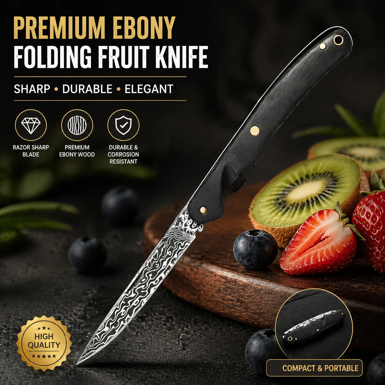 Multifunctional Stainless Steel Folding Slicer with Laser-Etched Pattern and Ebony Handle—Suitable for Deli Meat,Bread and Fruit