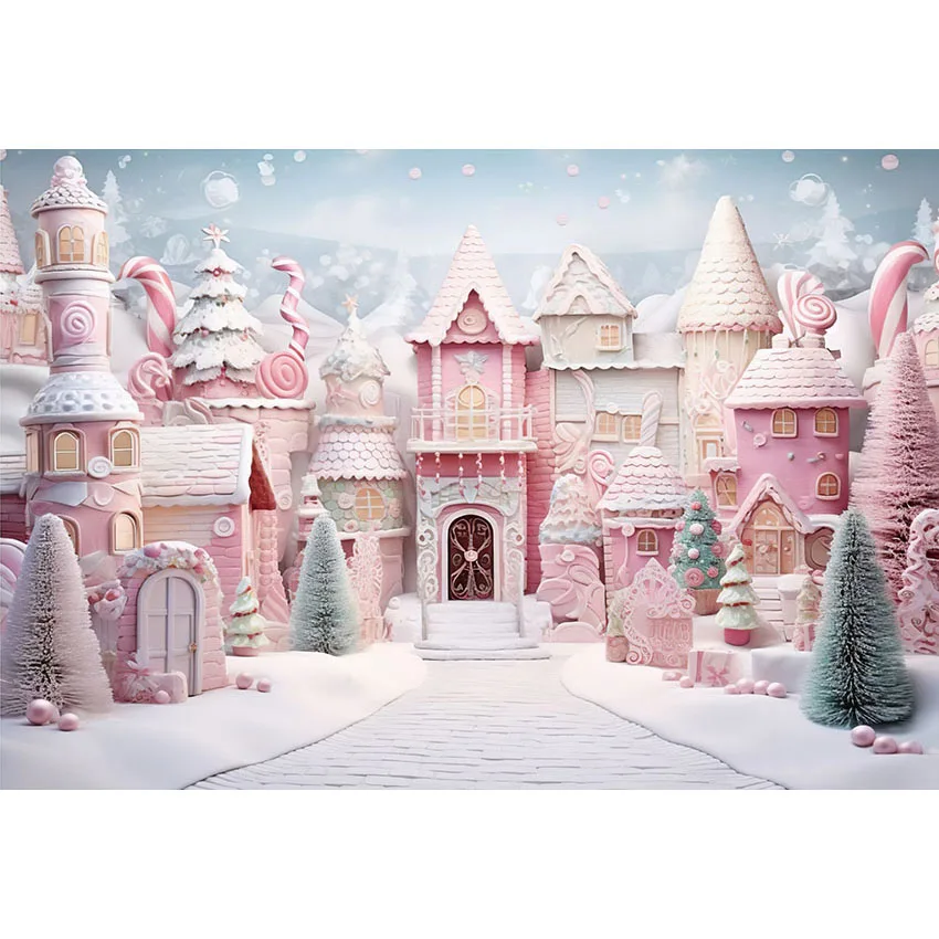 Mehofond Photography Background Winter Christmas Candy House Outdoor Fantasy Pink Castle Kids Cake Smash Portrait Photo Backdrop