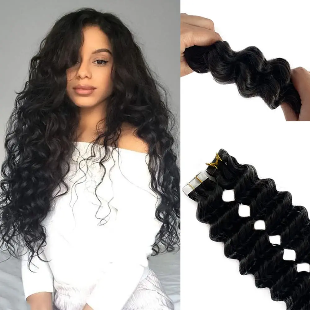 Tape In Human Hair Extensions Deep Wave 20 Pcs/Set Adhesive Seamless Brazilian Hair Skin Weft Tape Ins Curly Hair Natural Black