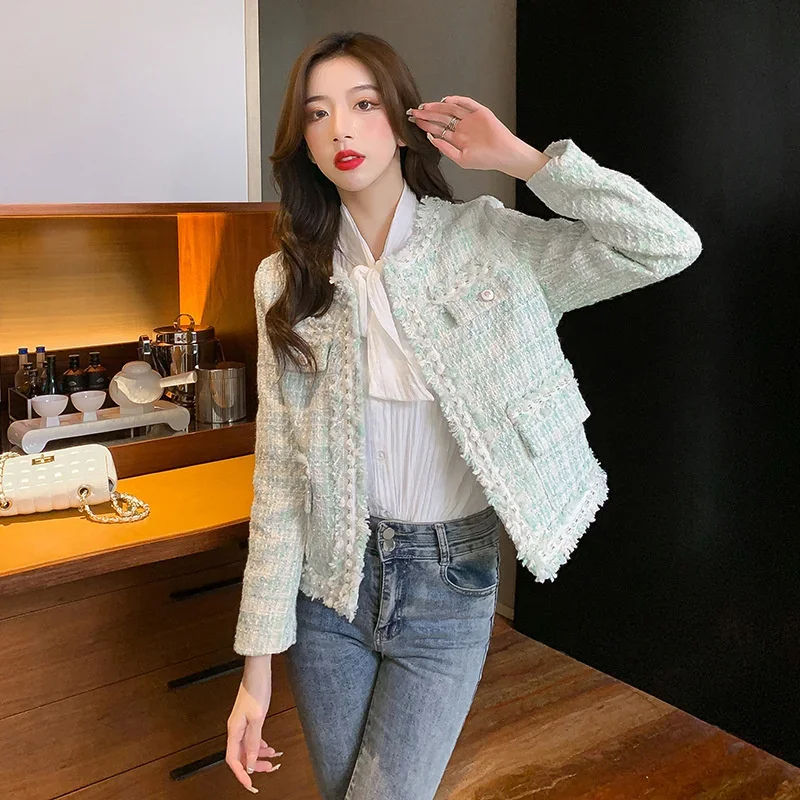 

High Quality Korea 2024 New Fashion Fall Winter Womens Full Sleeve Beading Pearl Pocket Braid Tweed Spliced Casual Jackets Coats