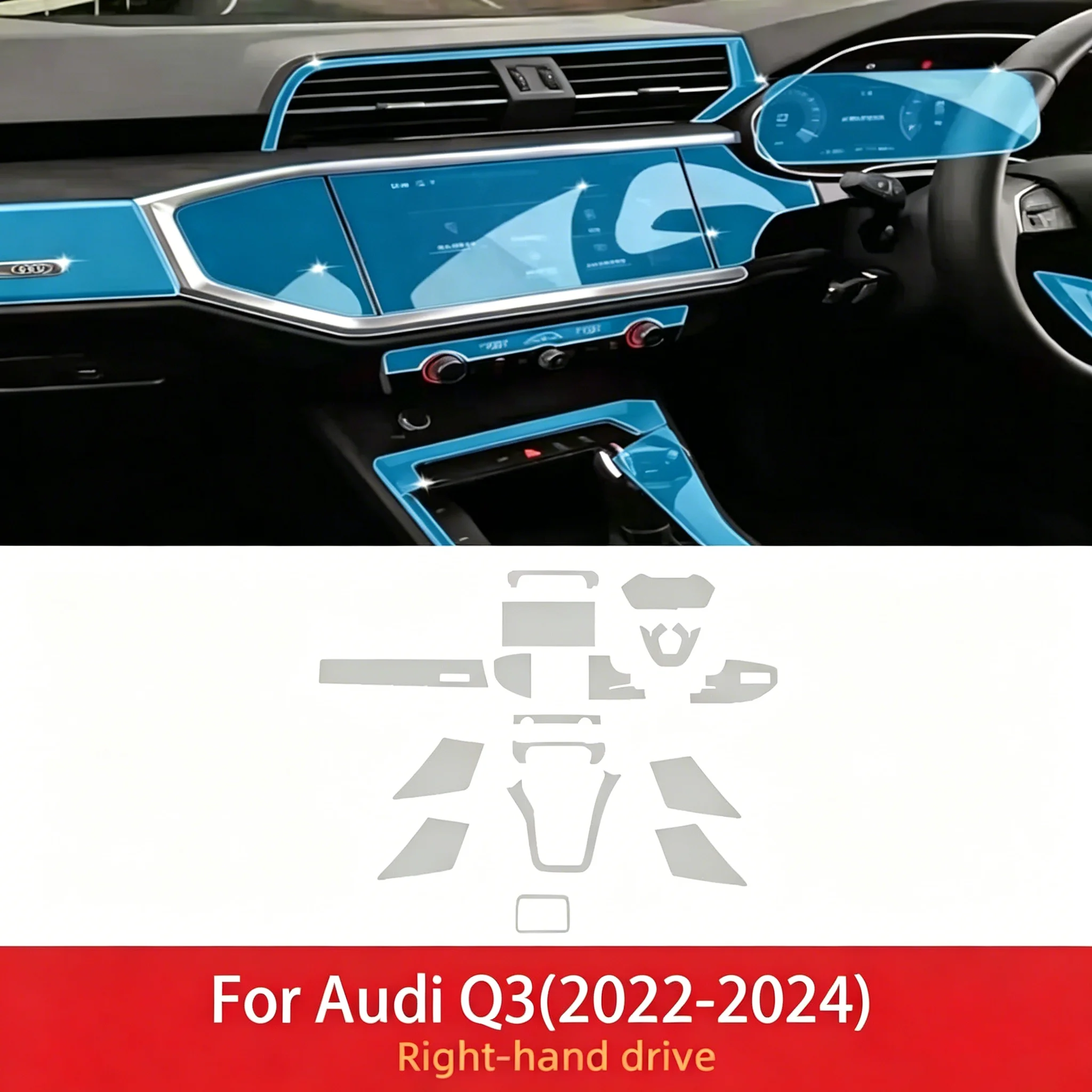TPU-Schutzfolie, transparent, für Audi Q3 2022–2024, Auto-Innenraum, Mittelkonsole, Medien, Armaturenbrett, Navigation, kratzfest – Detail 2