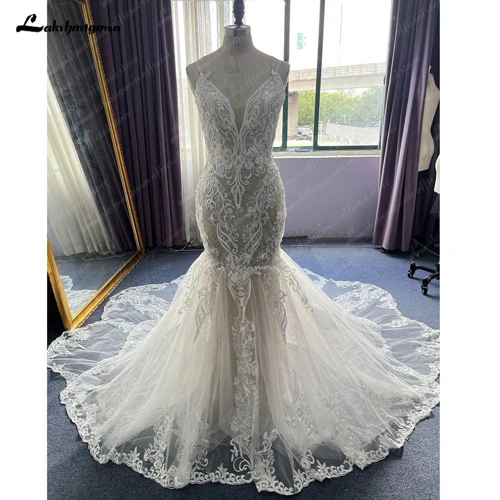 

Lakshmigown Lace Mermaid Wedding Gowns Spaghetti Straps 2023 Vestidos De Novias Beach Boho Court Train Wedding Dress Real photos