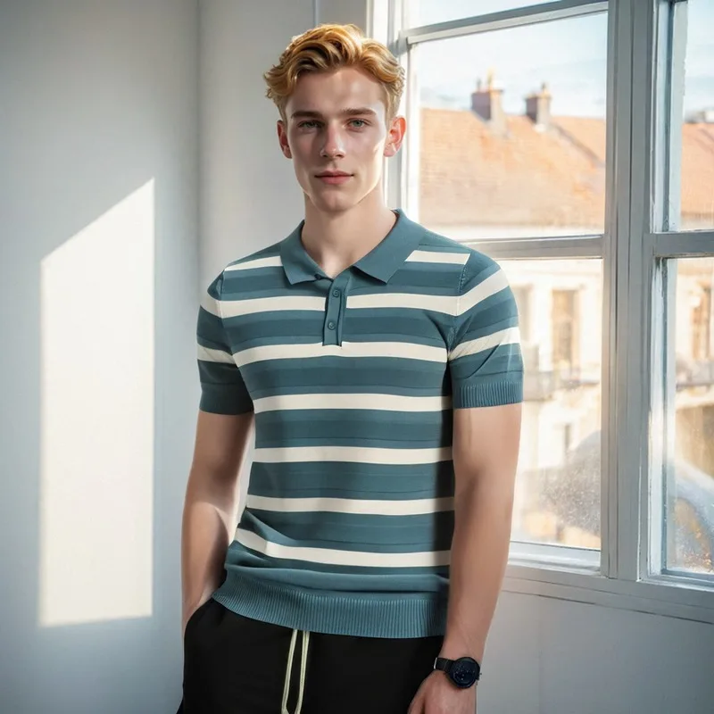 Men's Summer Breathable Polo Short Sleeve Playera Polo Hombre Slim Contrasting Stripes Top Quality Stitching Knitted Polo Shirts
