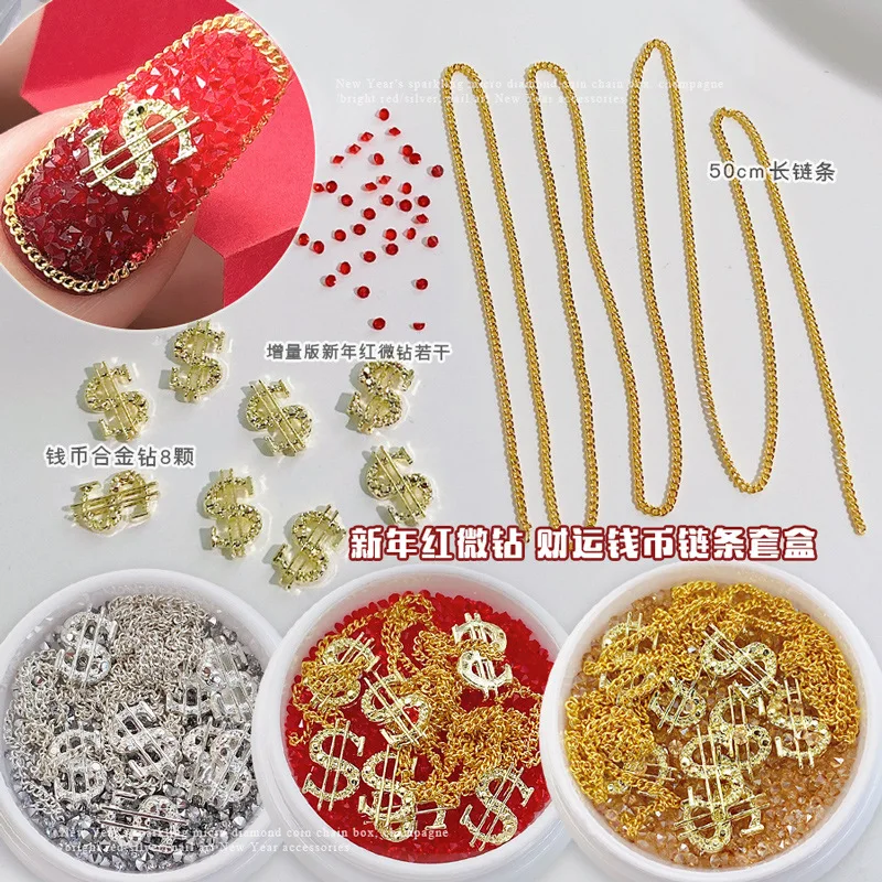 Mix Sparkle Mini Diamonds Money Dollar Sign Chain Nail Rhinestones Decorations Manicure New Year Gold Silver Red Festive Charms