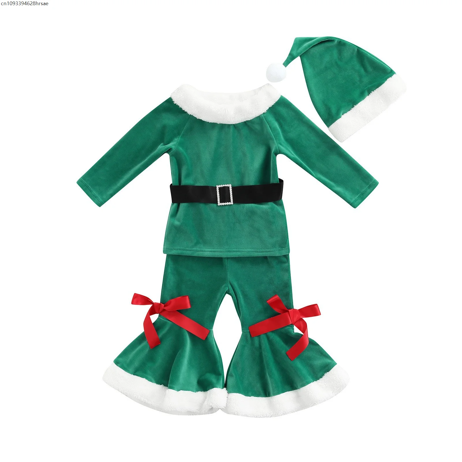 الأطفال عيد الميلاد عيد الميلاد قزم سانتا كلوز تأثيري حلي الفتيات طويلة الأكمام مع السراويل المتوهجة قبعة موضوع فستان الحفلات الزي