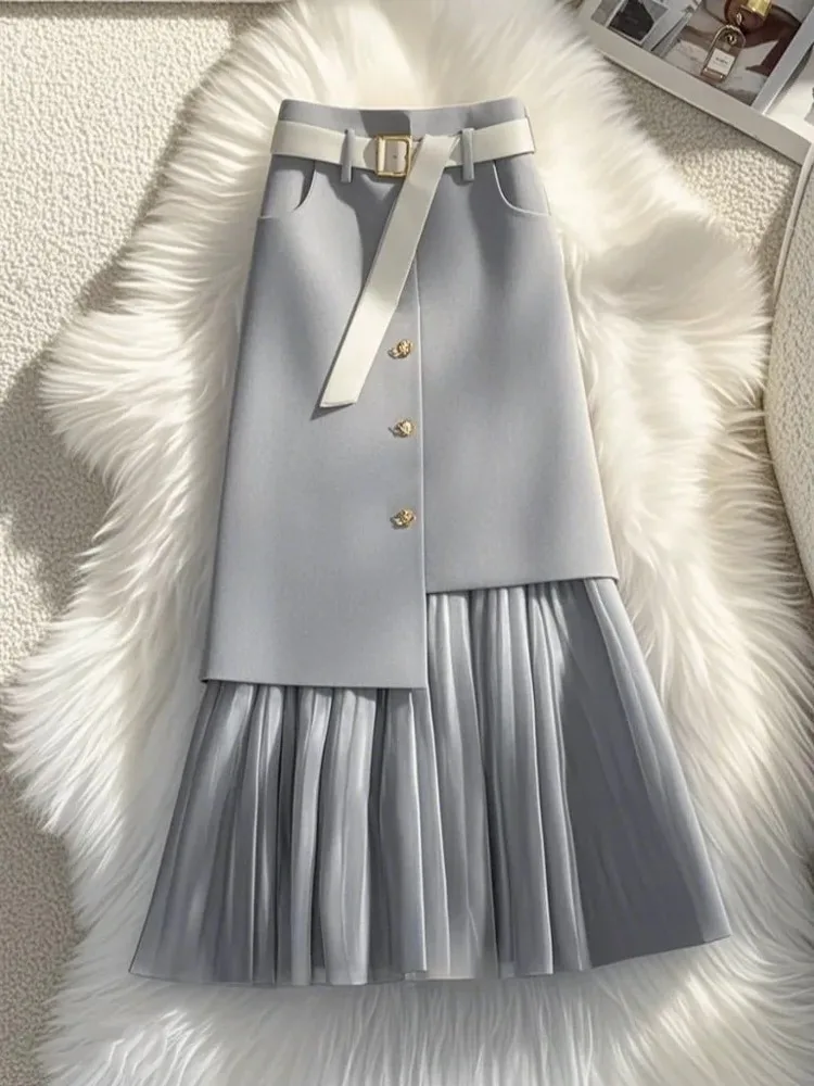 New High Quality Autumn Skirt Women Fashion Design High Waist Slim Irregular Patchwork Elegant Office Lady Pleated Midi Skirts