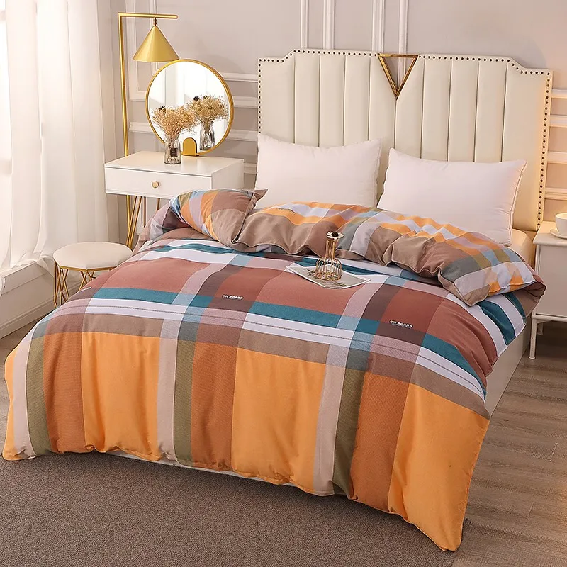 Colored Plaid Duvet Cover Brown and Orange Geometric Printed Pure Cotton Skin-friendly Soft Bedding Quilt Cover with Zipper