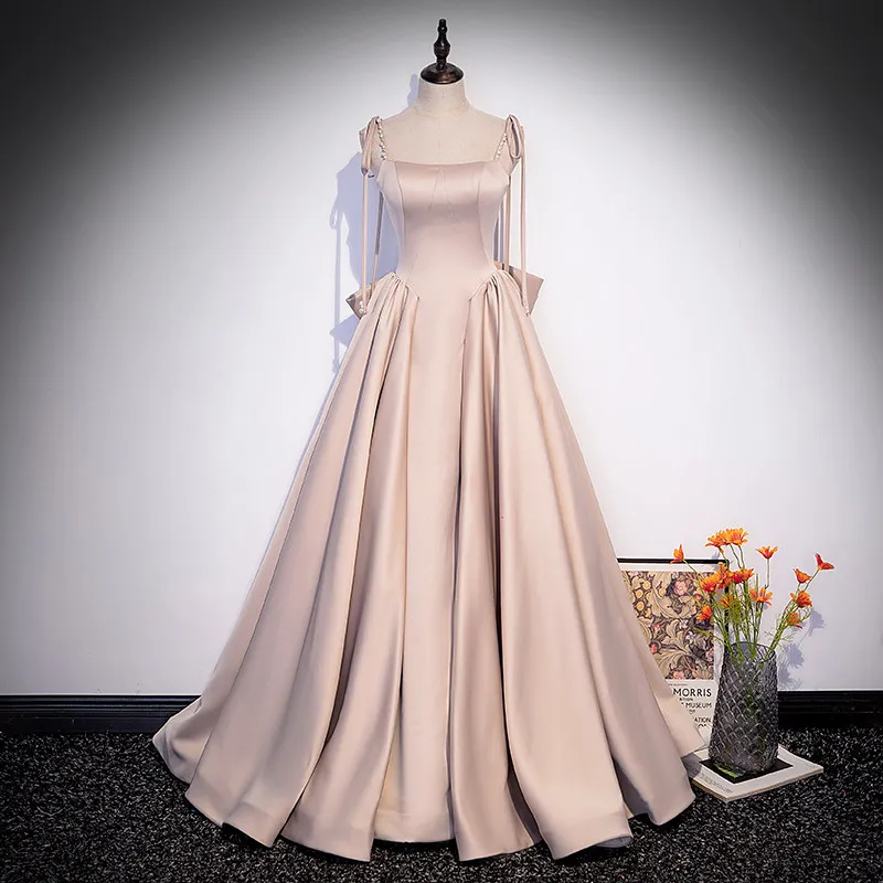 

Evening Dress Champagne Satin Pearl Spaghetti Strap A-Line Bow Lace Up Floor-Length Pleat Plus size Party Formal Gown Woman