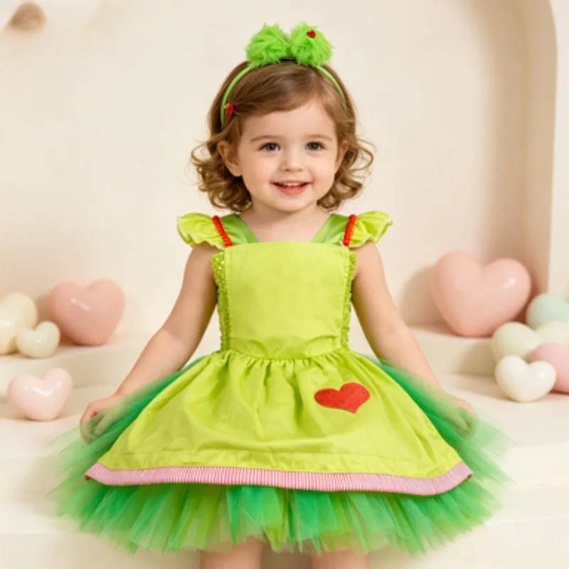 

New Children's Green Cartoon Mesh Dress Christmas Costume Set, Kids' Festival Party Dress, Halloween Role-Playing Costume