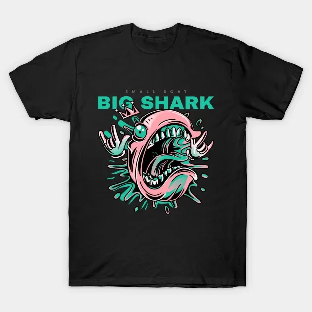 Small Boat Big Shark. Funny Monster Hip-hop Rock T Shirt. New 100% Cotton Short Sleeve O-Neck T-shirt Casual Clothing Mens Top
