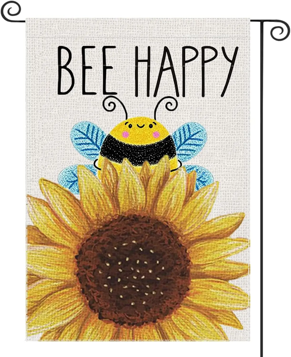 Bee Happy Summer Garden Flags Sunflower Welcome Double Sided Burlap Flag for Outside, Small Seasonal Banner Yard Holiday Par WWP