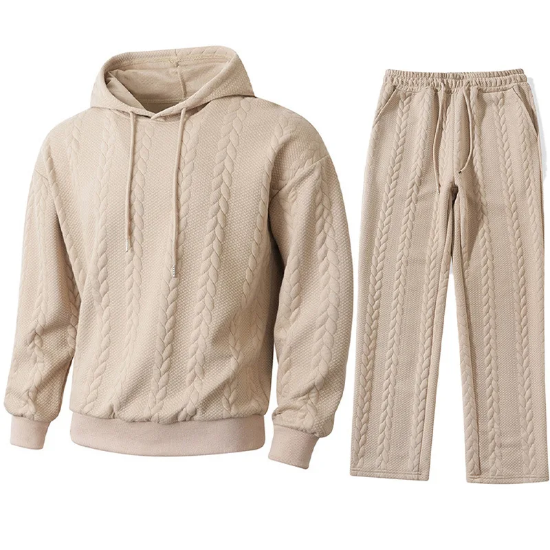 Herren Zweiteiliges Set aus Jacquard-Stoff: Kapuzenpullover mit Kordelzug und Weite Hose, Weiche Freizeitkleidung für Zuhause, Vielseitige Alltagskleidung für Männer – Detail 4