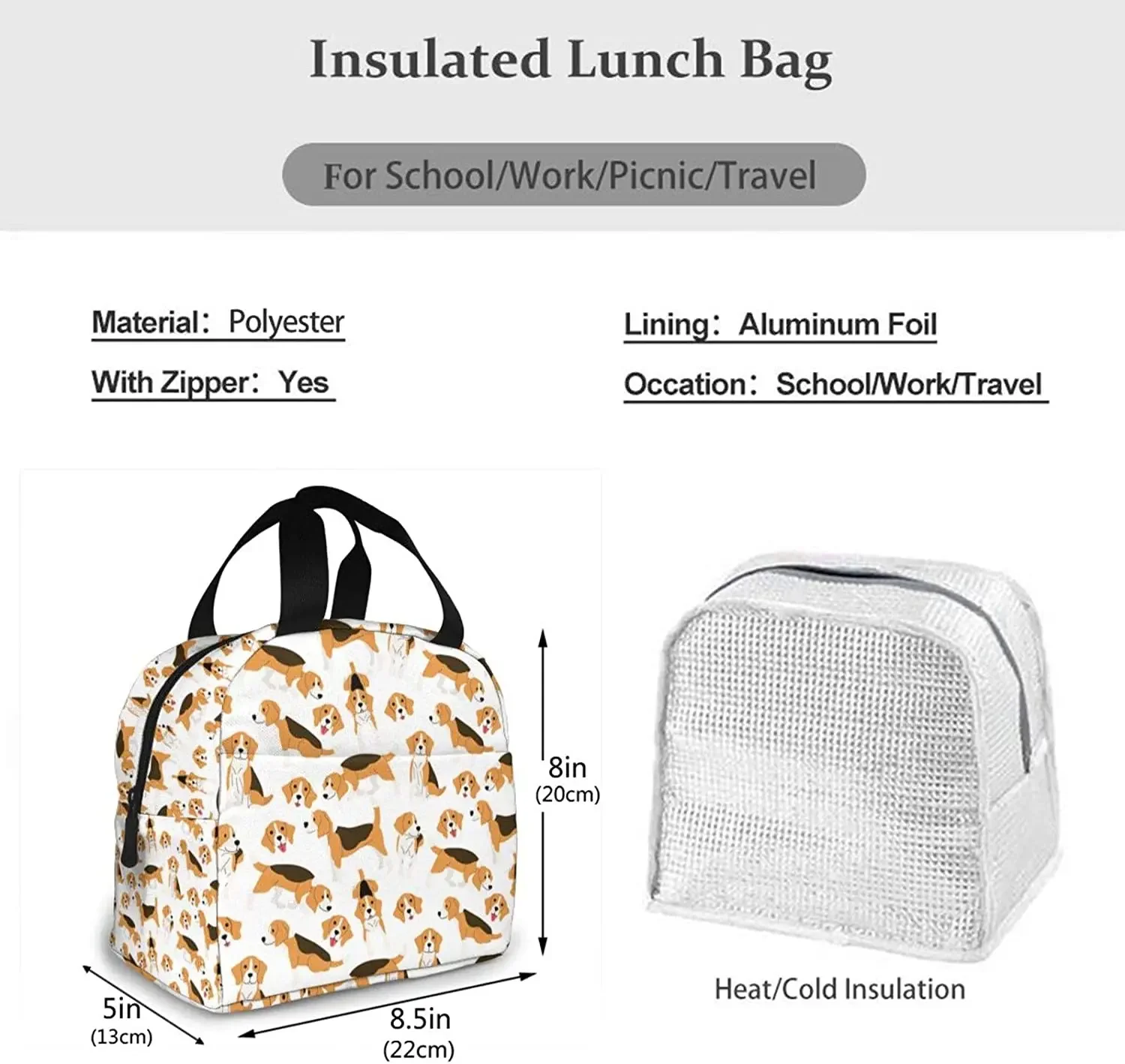 Beagle Dog Lunch Bag Insulated Water-Resistant Tote Bag Reusable Lunch Box for Work Picnic Travel