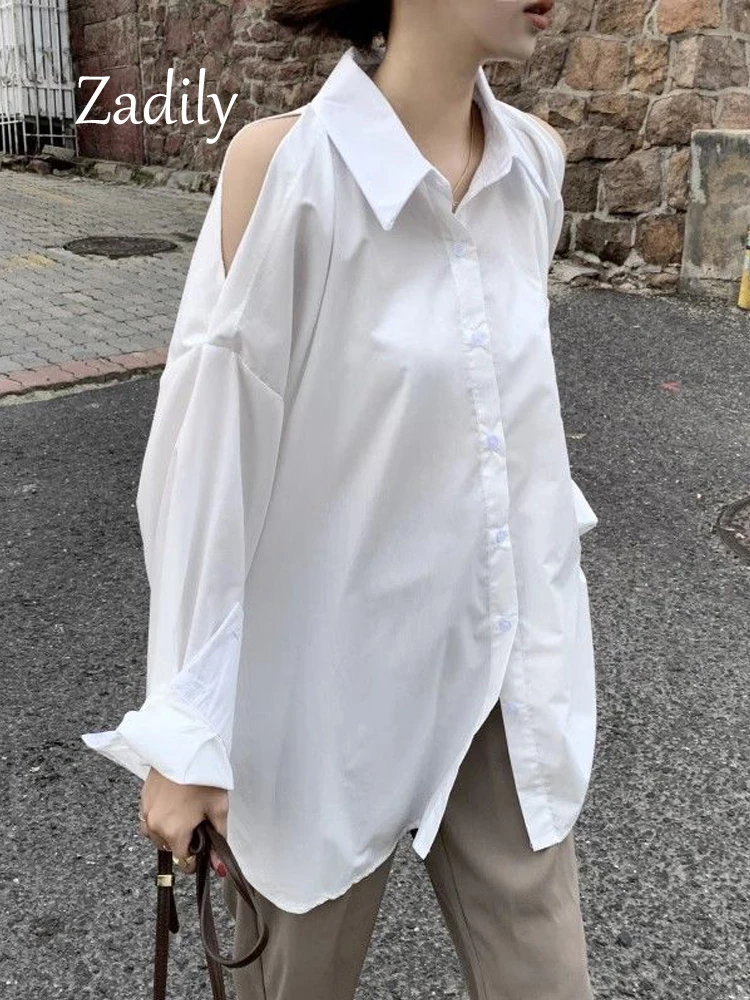 Zadily 2024 Spring Office Lady Long Sleeve Women White Shirt Korea Style Off The Shoulder Button Up Oversize Ladies Work Blouses