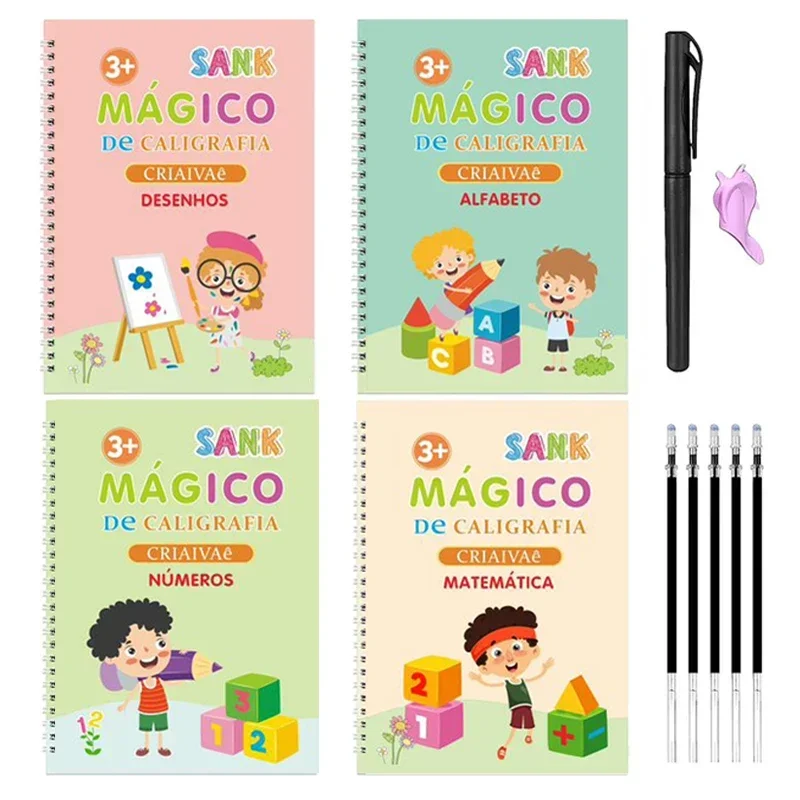 4pcs Portuguese Magic Practice Copybook Pen Preschools Kids Calligraphy Notebook Children Reusable  Writing Book Age 3-8